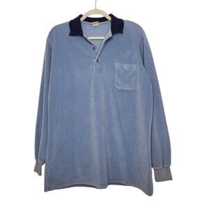 Vintage 70s Wrangler Crushed Velvet Velour Long Sleeve Henley Polo XL Blue